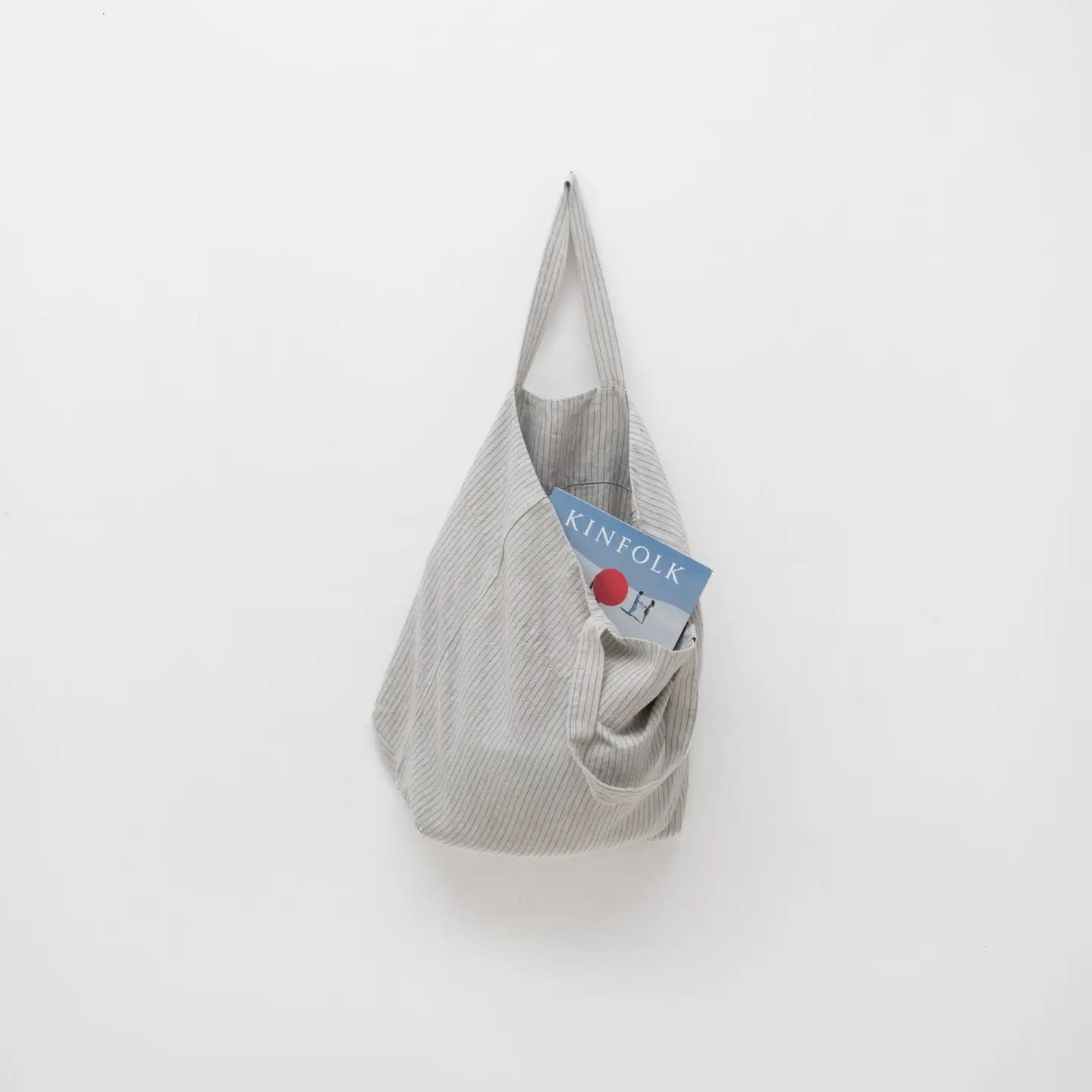 big linen bag - grey blue pinstripes