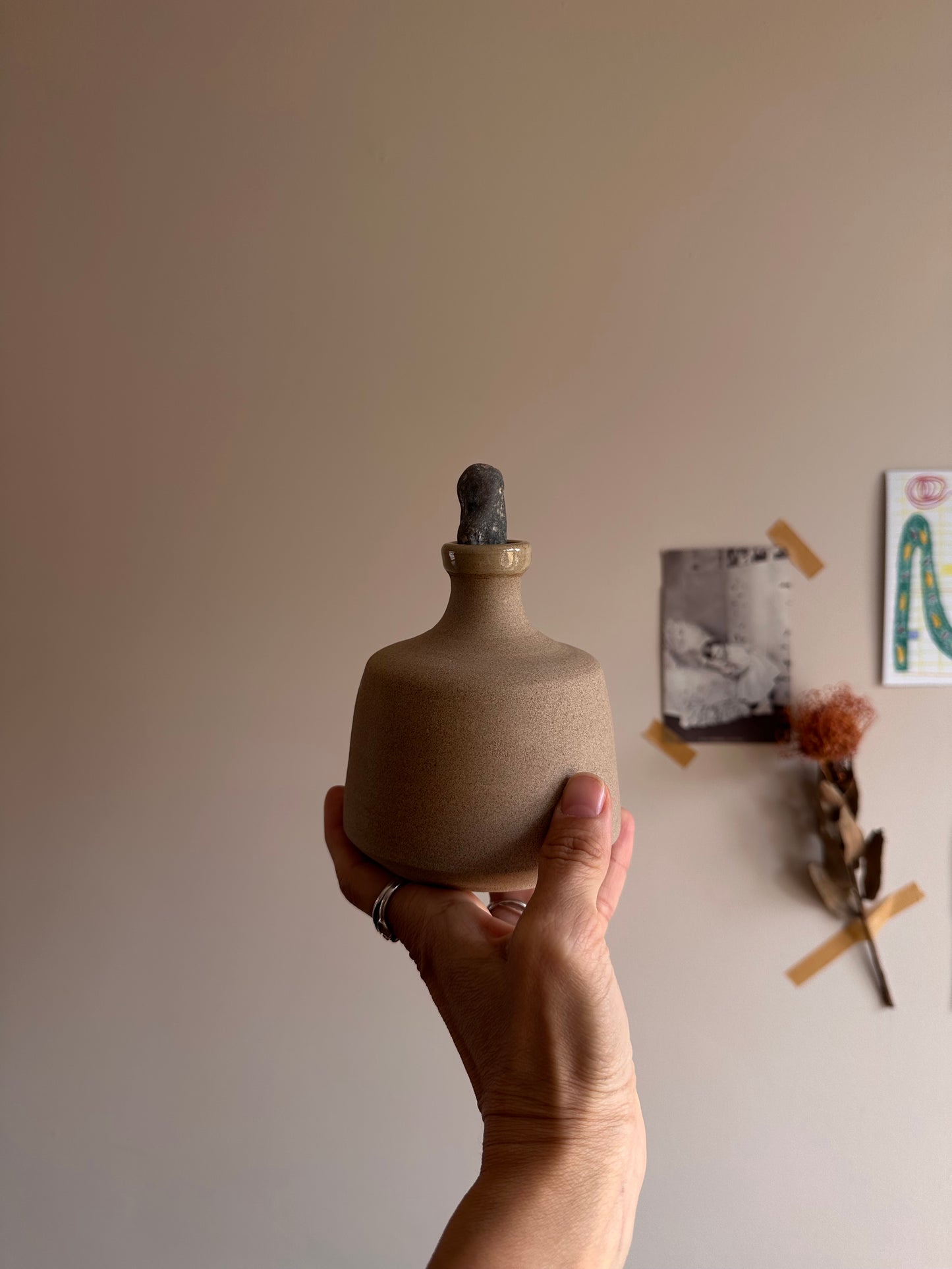 ceramic bottle with foraged stone cork no.2 by linda bredenbekk