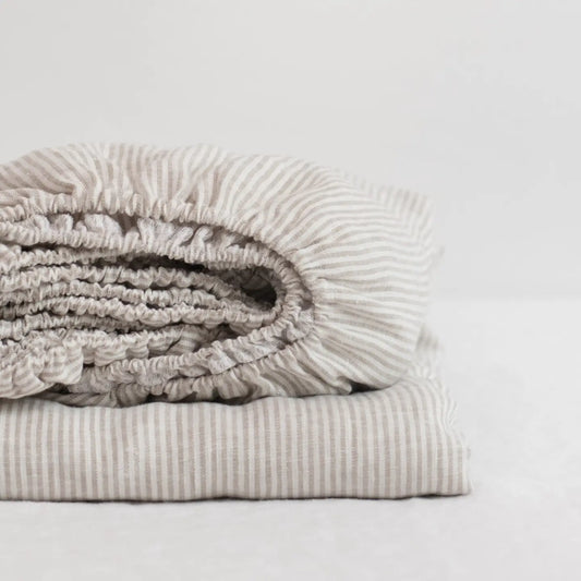 linen fitted bedsheet - 160x200x30cm - natural stripes