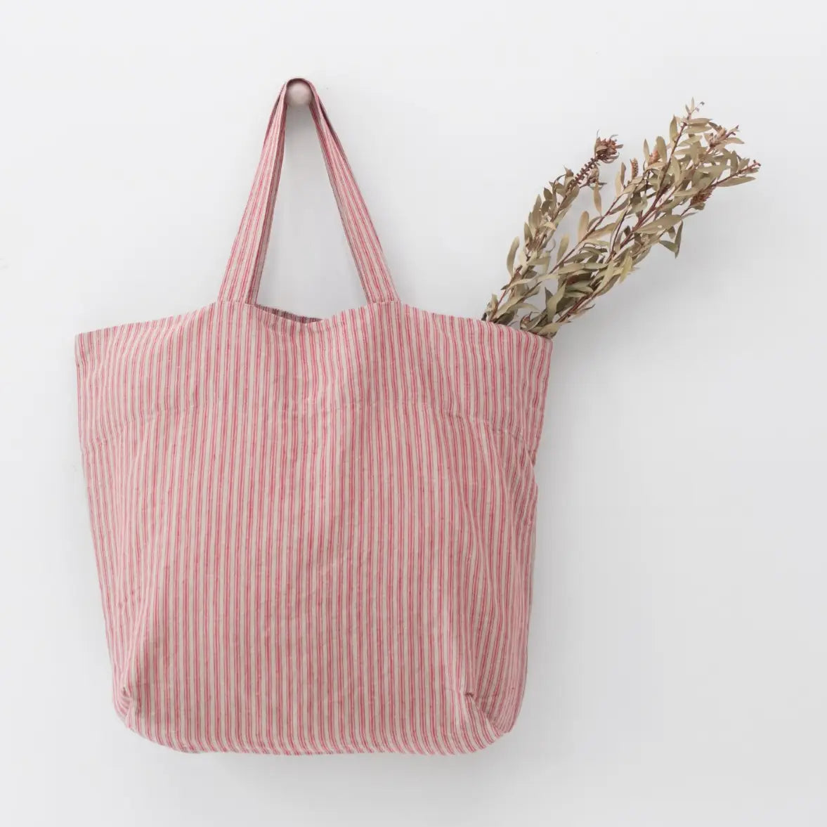 big linen bag - red natural stripes