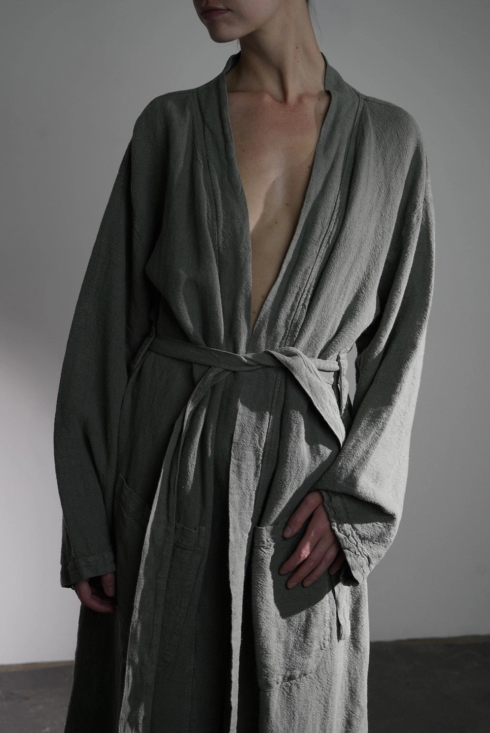 french raw linen kimono - one size - gray green