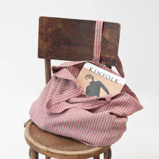 big linen bag - red natural stripes