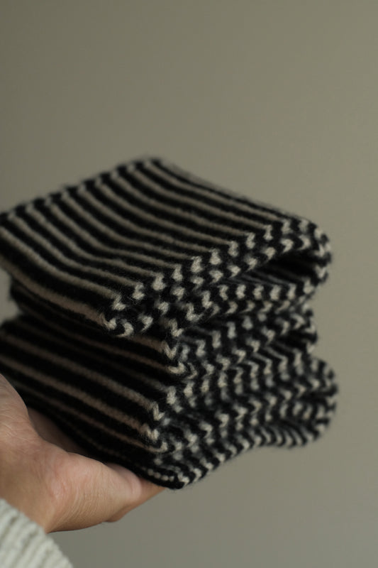 lambswool thin stripe garter stitch scarf black & oatmeal