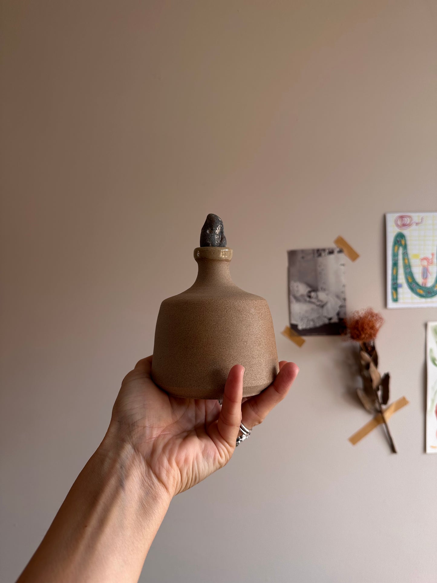 ceramic bottle with foraged stone cork no.2 by linda bredenbekk