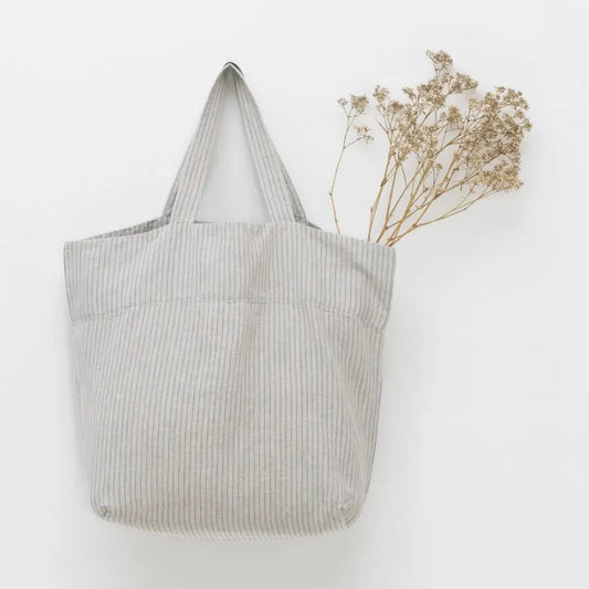 big linen bag - grey blue pinstripes