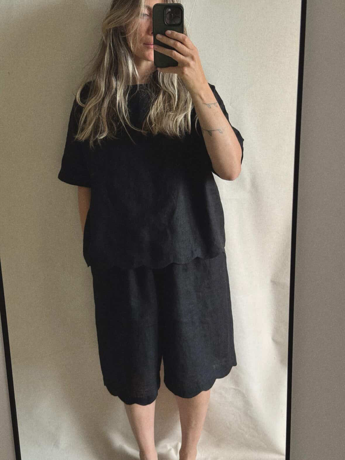 pre-order noor scalloped hem linen bermuda shorts