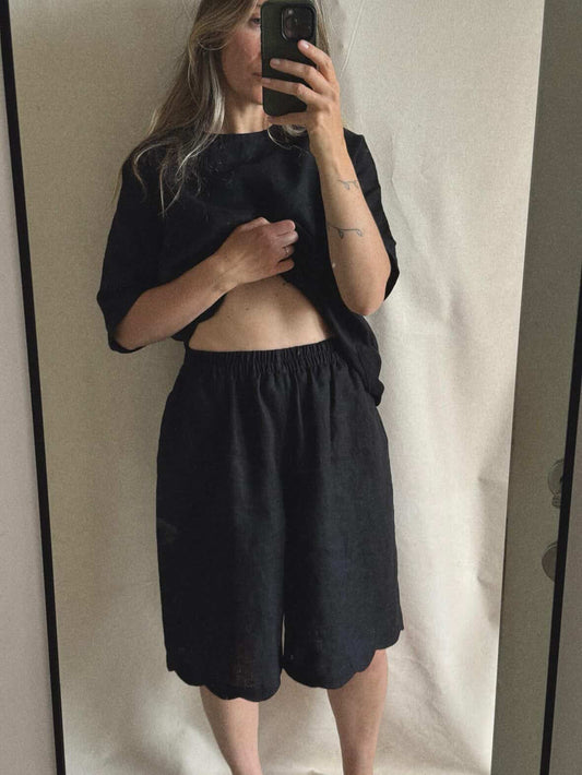 pre-order noor scalloped hem linen bermuda shorts