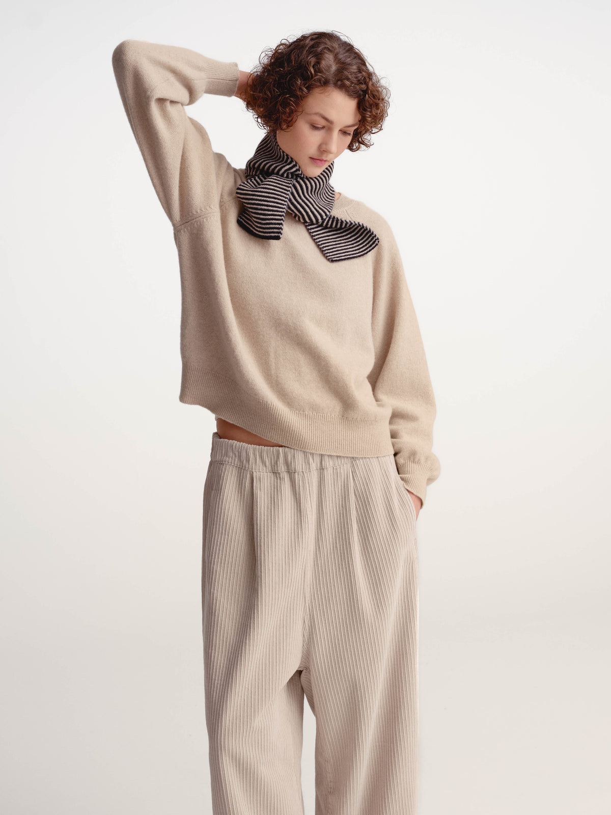 lambswool thin stripe garter stitch scarf black & oatmeal